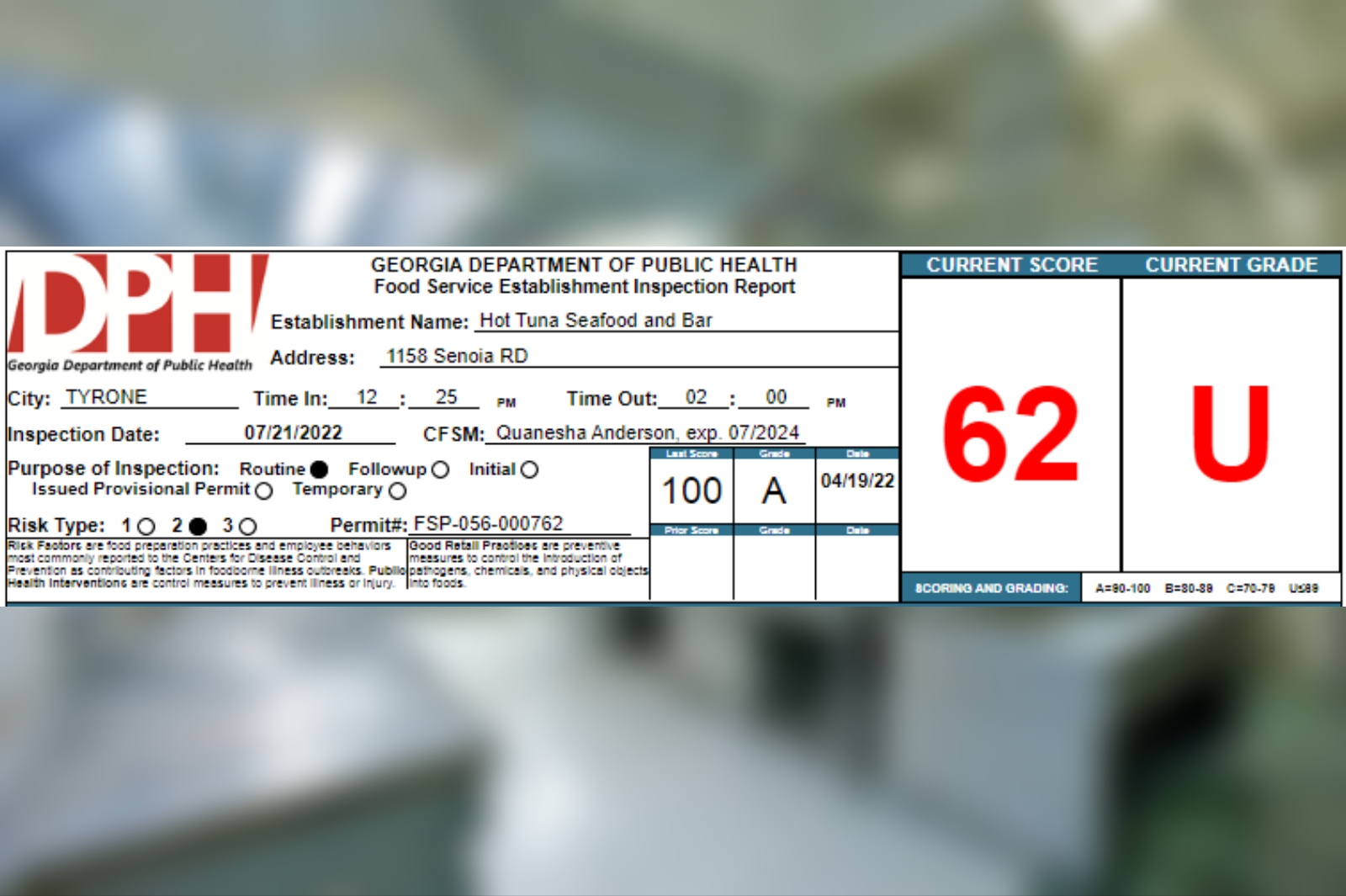 Hot Tuna Seafood And Bar Receives A 62 On Their Recent Health