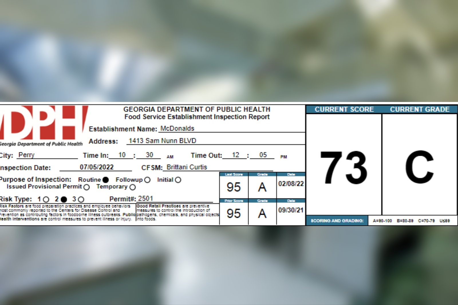 McDonald's receives a 73 on their recent health inspection Health