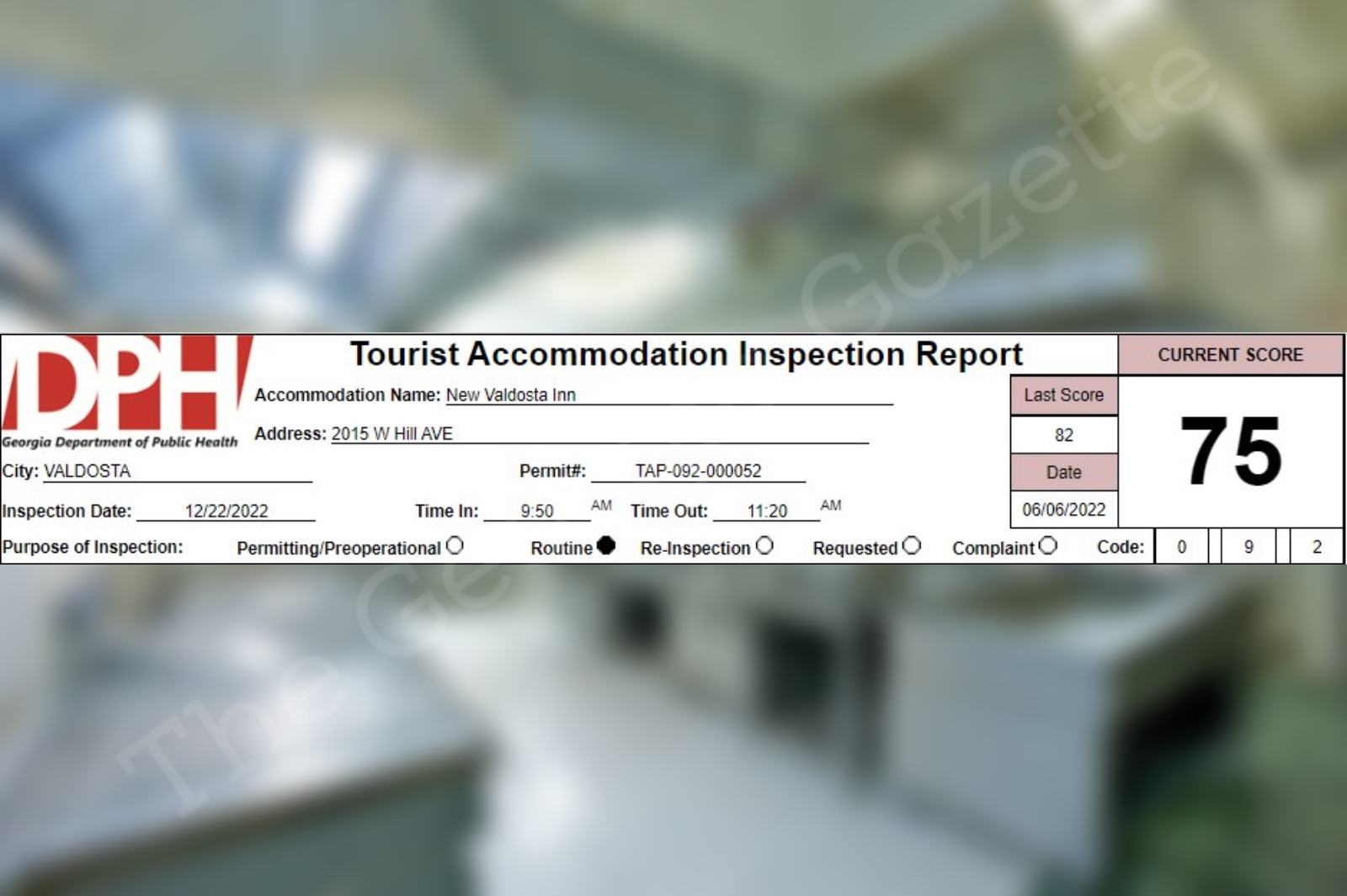 New Valdosta Inn in Valdosta receives a 75 on their recent