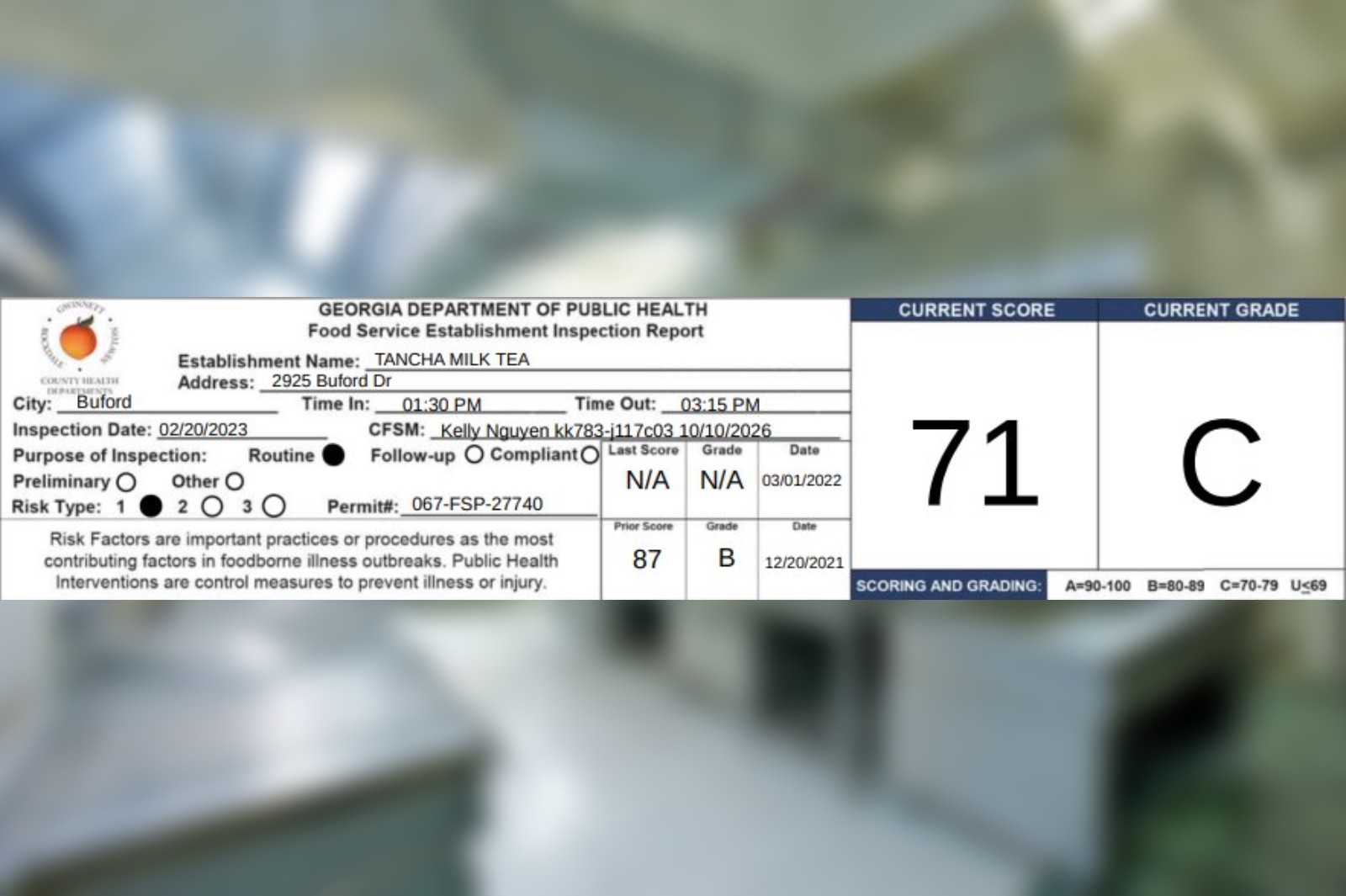 Tan Cha in Buford receives a 71 on their recent health inspection