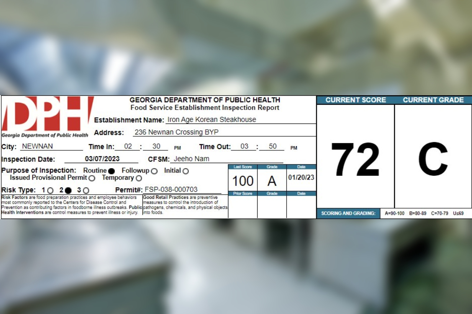 Iron Age Korean Steakhouse In Newnan Receives A 72 On Their Recent