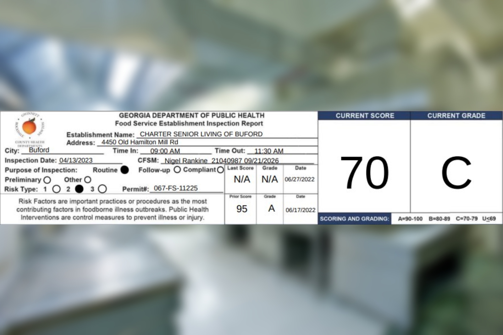 Charter Senior Living In Buford Receives A 70 On Their Recent Health