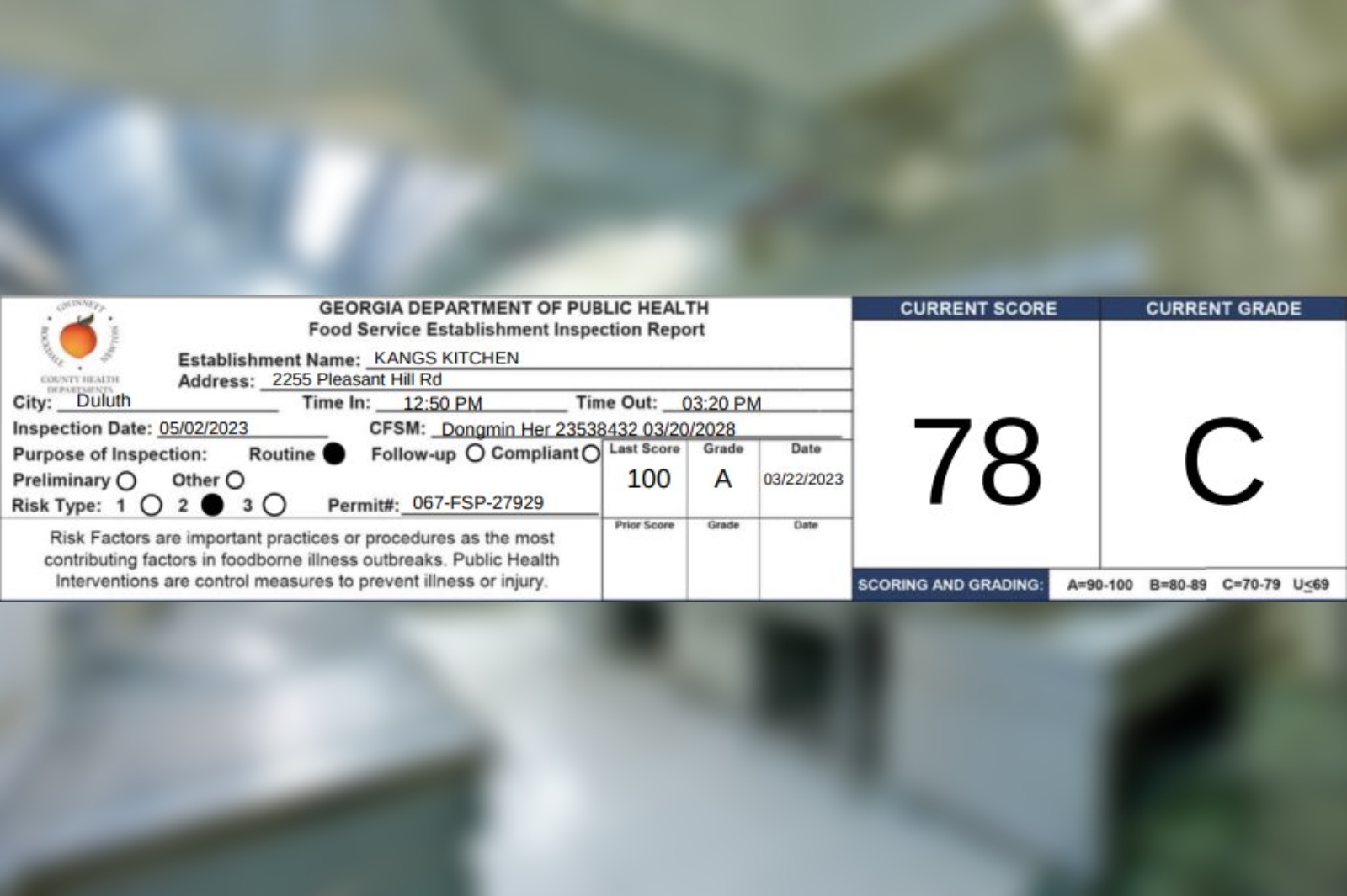 Kang's Kitchen In Duluth Receives A 78 On Their Recent Health