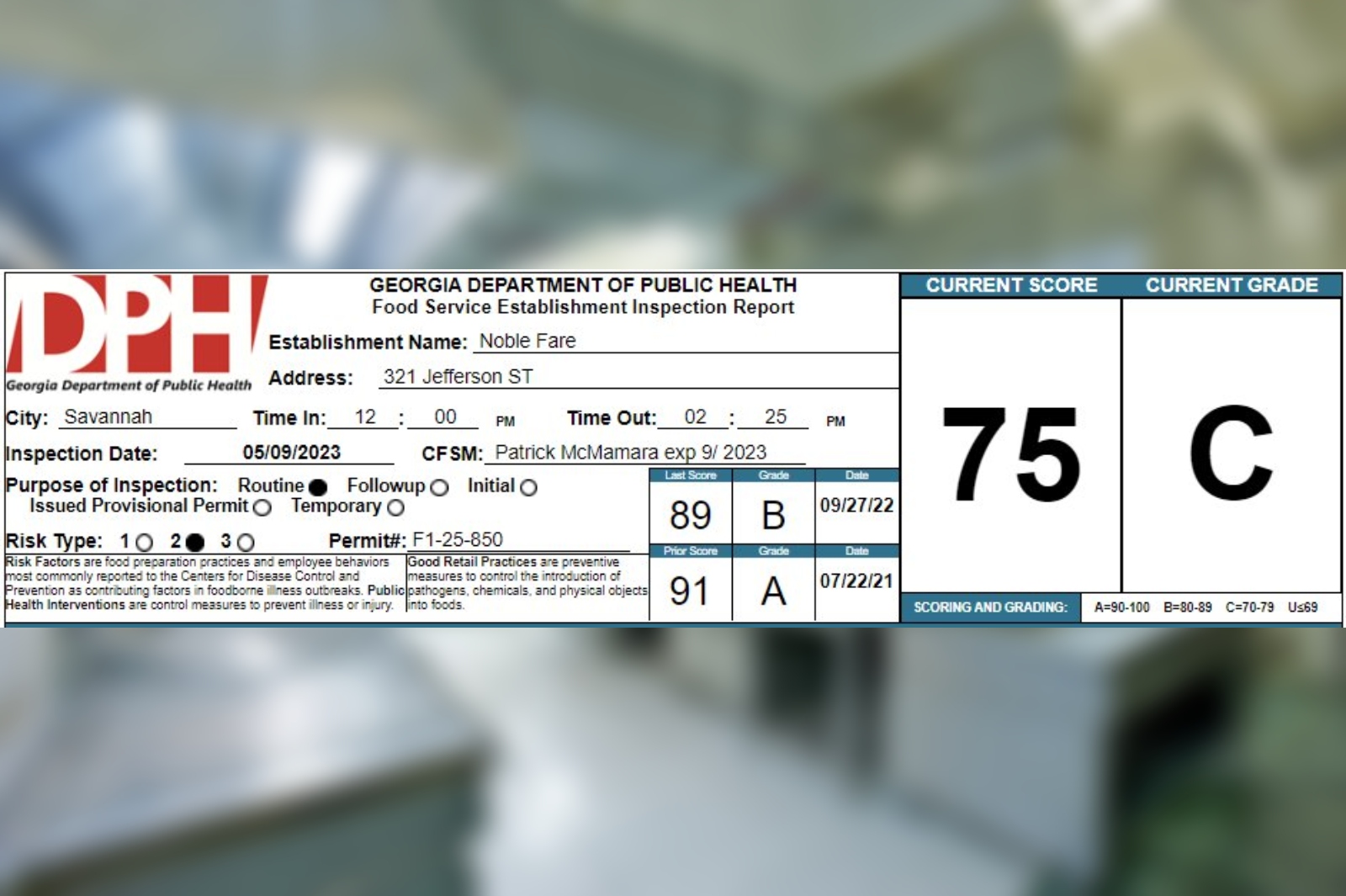 Noble Fare In Savannah Receives A 75 On Their Recent Health Inspection