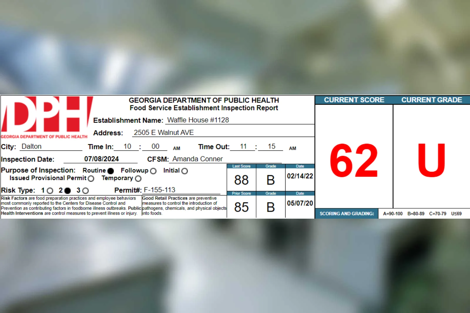 Waffle House in Dalton receives a 62 on their recent health inspection